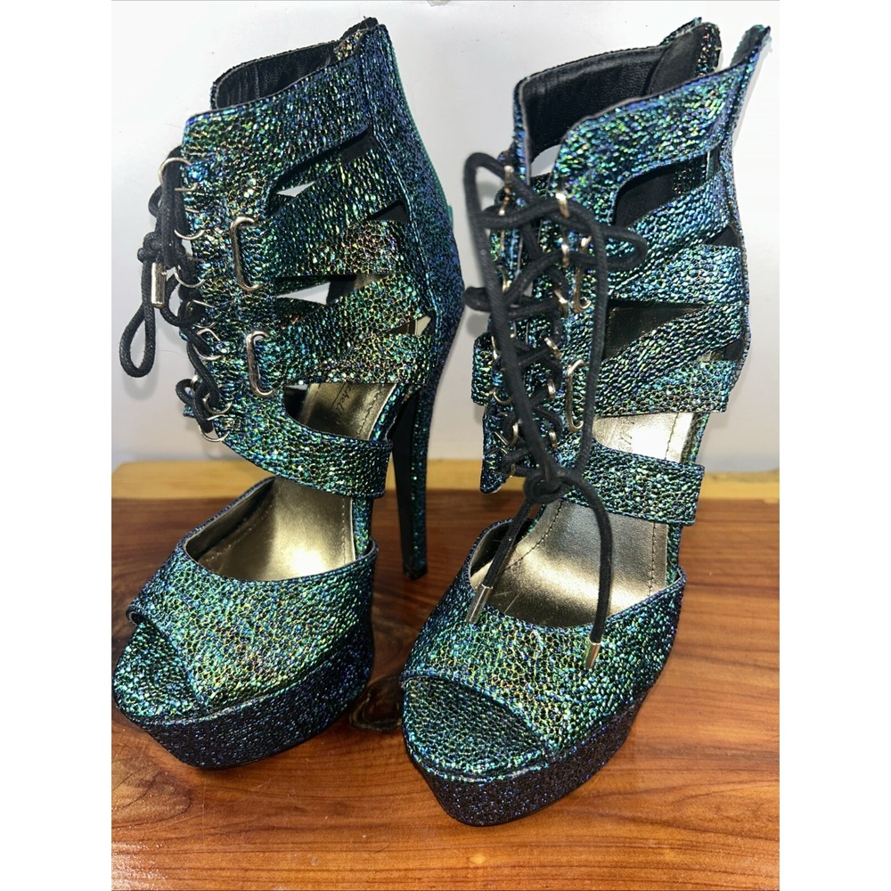 Womens Anne Michelle gorgeous‎ strappy heels size 5.5 Emerald Green sparkling LN